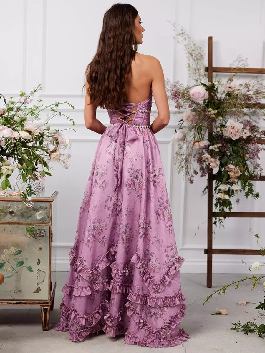 Robe longue femme – Tissu fluide luxe – Décolleté plongeant – Perles – Motif fleuri