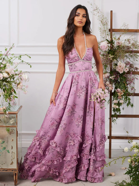 Robe longue femme – Tissu fluide luxe – Décolleté plongeant – Perles – Motif fleuri