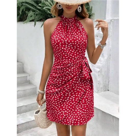 Robe femme courte – Coupe moulante – Col halter – Jupe portefeuille plissée – Dos zippé