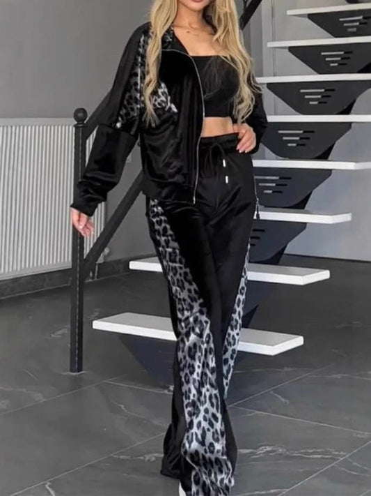 Ensemble de loisirs femme – Veste zippée et pantalon droit – Détail imprimé animal