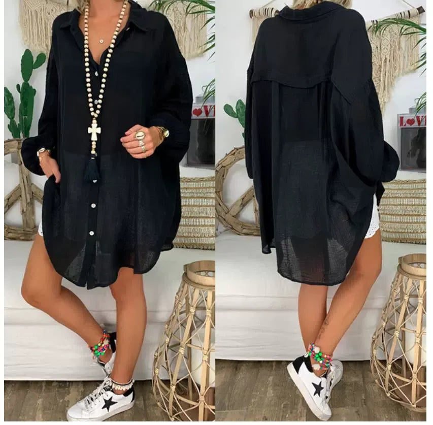 Blouse femme manches longues – Coupe oversize – Lin et coton – Boutonner
