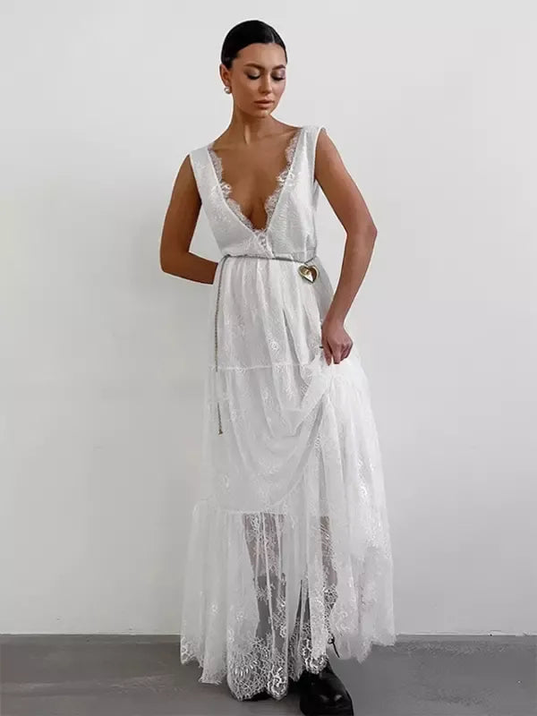 Robe longue femme – Dentelle légère – Décolleté V profond – Sans manches