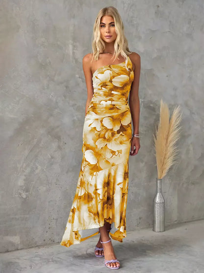 Robe longue femme – Épaule dénudée – Taille froncée – Imprimé fleuri – Tissu fluide