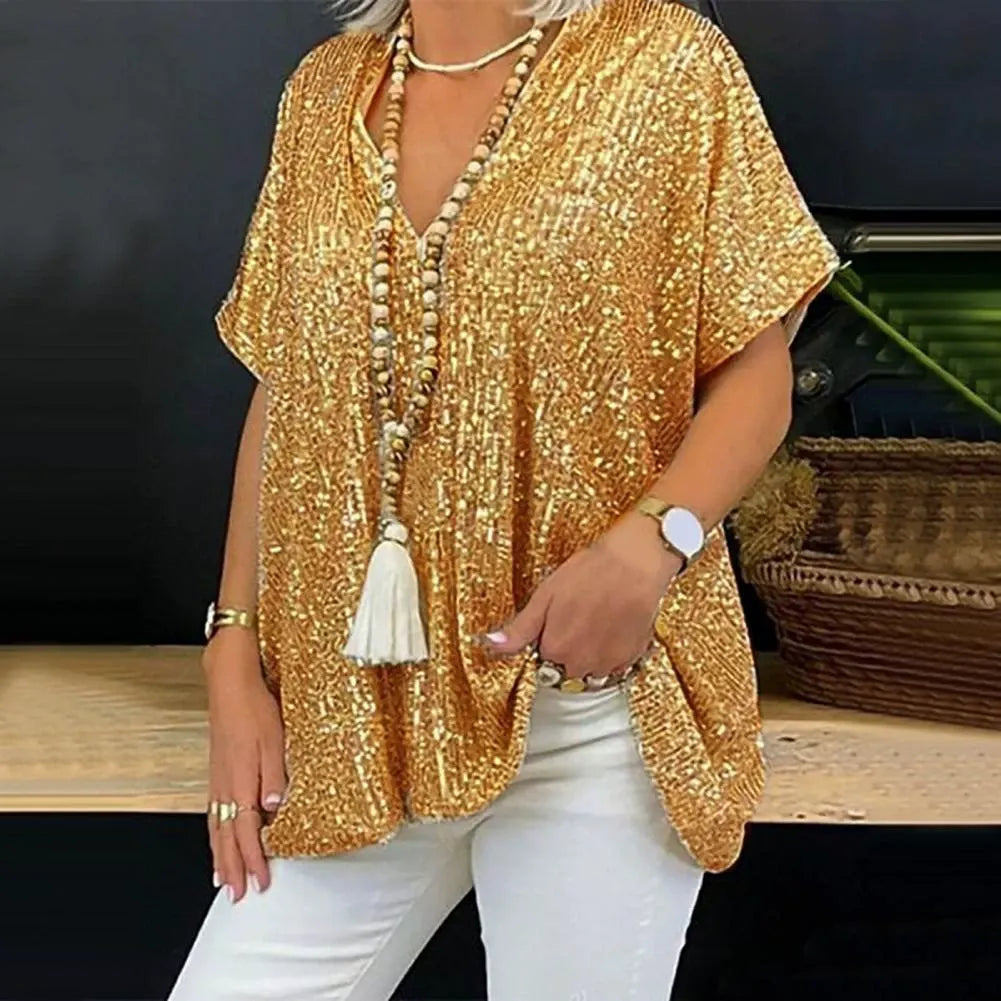 T-shirt femme col V – Coupe décontractée – Manches courtes – Sequins brillants