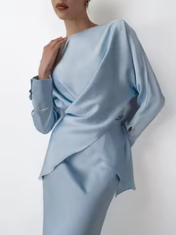 Ensemble femme jupe midi droite – haut manches longues drapé – finition satinée