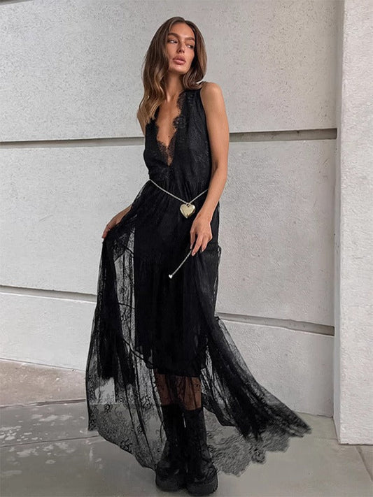 Robe longue femme – Dentelle légère – Décolleté V profond – Sans manches