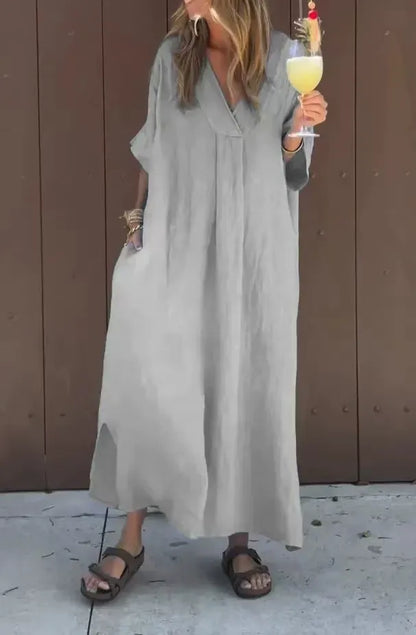 Robe longue femme – Coton – Coupe ample – Manches courtes – Col en V