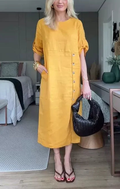 Robe midi femme – Coupe décontractée – Lin et coton – Manches courtes à liens – Boutons côtés