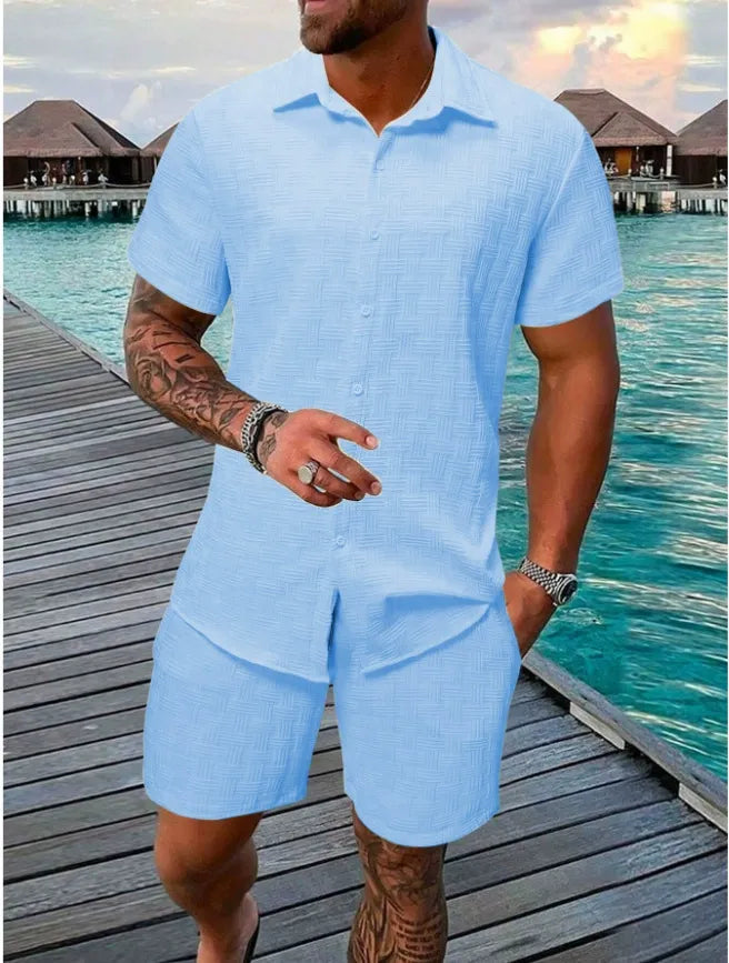 Ensemble homme chemise et short – coupe décontractée – texture jacquard – col classique
