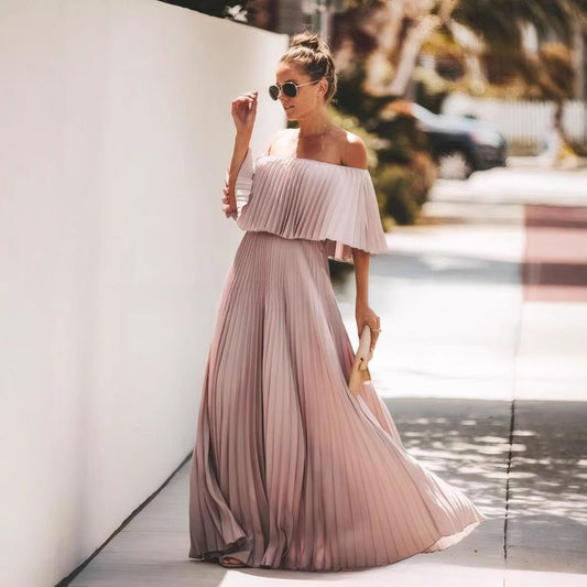 Robe longue femme – Épaules nues – Encolure volantée – Jupe plissée fluide
