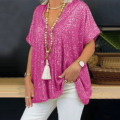 T-shirt femme col V – Coupe décontractée – Manches courtes – Sequins brillants