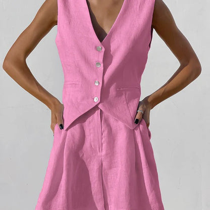 Gilet femme – Lin – Coupe décontractée – Col en V ajusté – Fermeture à boutons