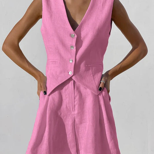 Gilet femme – Lin – Coupe décontractée – Col en V ajusté – Fermeture à boutons