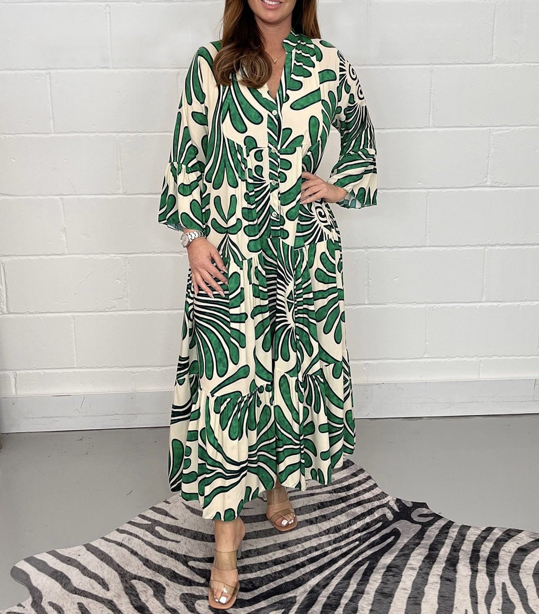 Robe midi femme – Coupe ample – Chiffon – Col en V – Plissée – Imprimée – Manches 3/4
