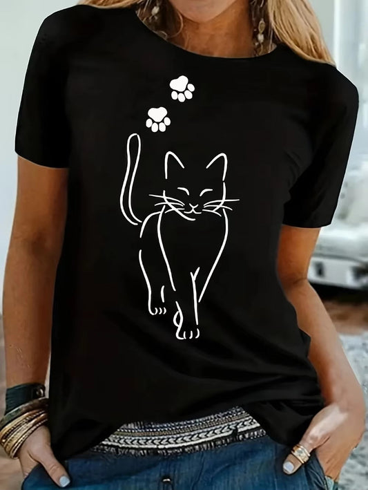 T-shirt femme – Coupe décontractée – Coton doux – Manches courtes – Motif chat