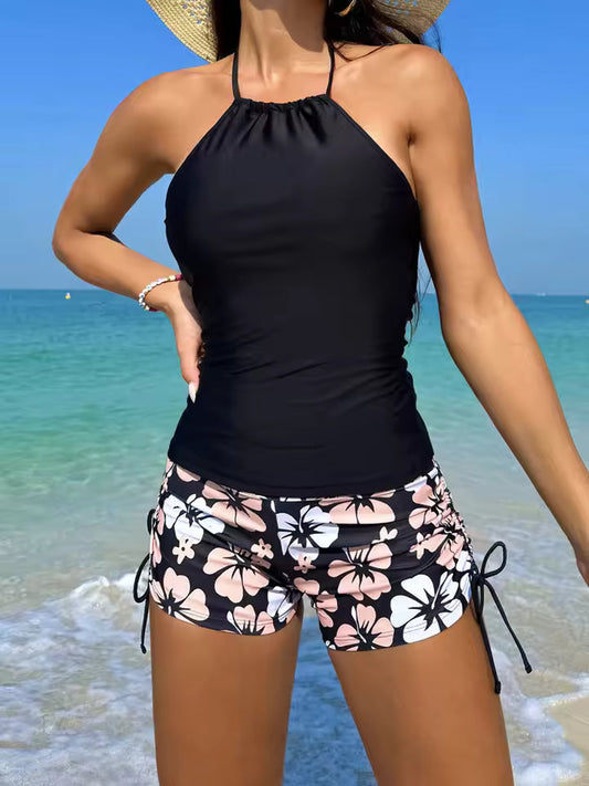 Tankini Femme – Haut Dos Nu à Nouer – Short Imprimé avec Liens – Tissu Respirant