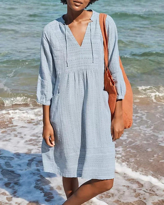 Robe de villégiature femme – Coupe décontractée – Tissu respirant – Manches 3/4 – Col en V