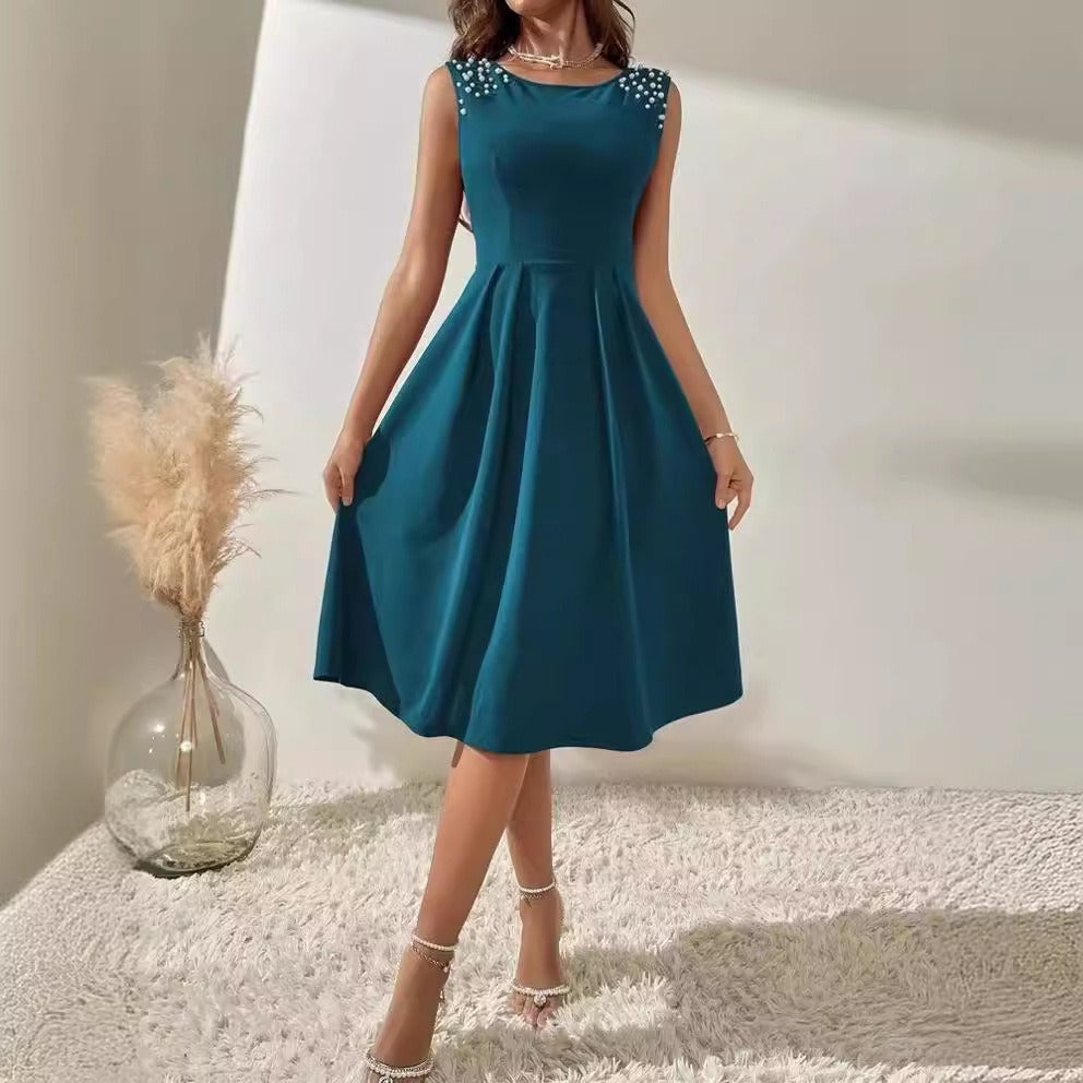 Robe midi femme – Taille cintrée – Coupe évasée – Épaules ornées de perles