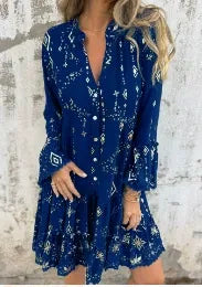 Robe femme – Coupe évasée – Manches cloche en dentelle – Ourlet à volants – Détails métalliques
