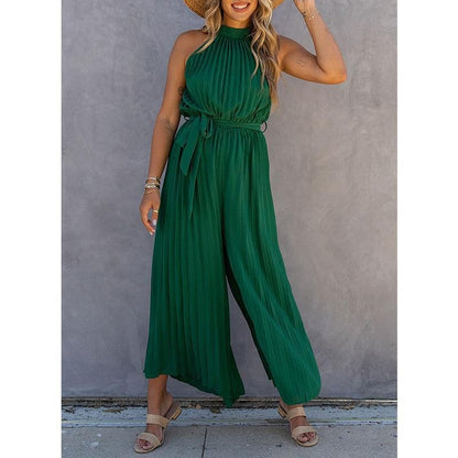 Combinaison femme – Coupe fluide – Col halter – Taille ceinturée – Jambe large plissée