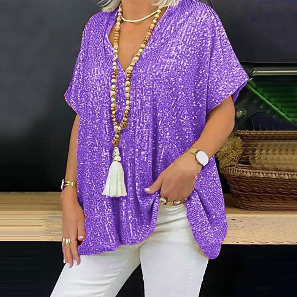 T-shirt femme col V – Coupe décontractée – Manches courtes – Sequins brillants