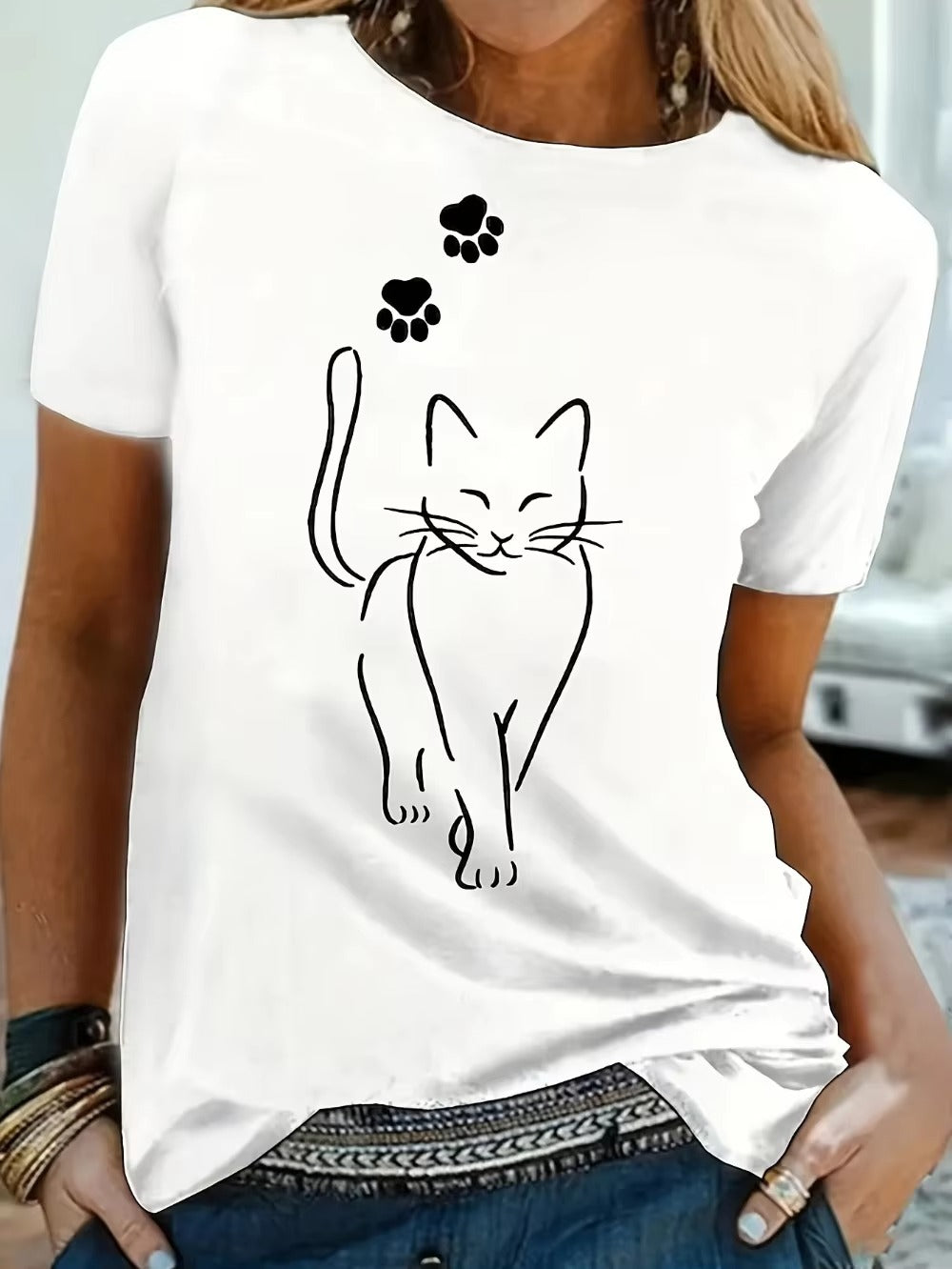T-shirt femme – Coupe décontractée – Coton doux – Manches courtes – Motif chat