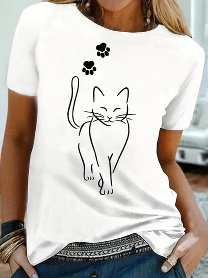 T-shirt femme – Coupe décontractée – Coton doux – Manches courtes – Motif chat