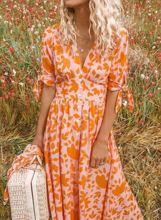 Robe midi femme – Coupe décontractée – Tissu respirant – Col V – Manches courtes nouées – Boutonnage devant – Motif fleuri