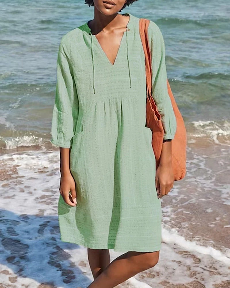 Robe de villégiature femme – Coupe décontractée – Tissu respirant – Manches 3/4 – Col en V