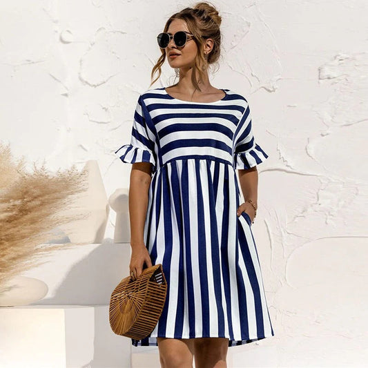 Mini robe pour femmes – Coupe décontractée – Manches à volants – Tissu respirant – Coupe évasée