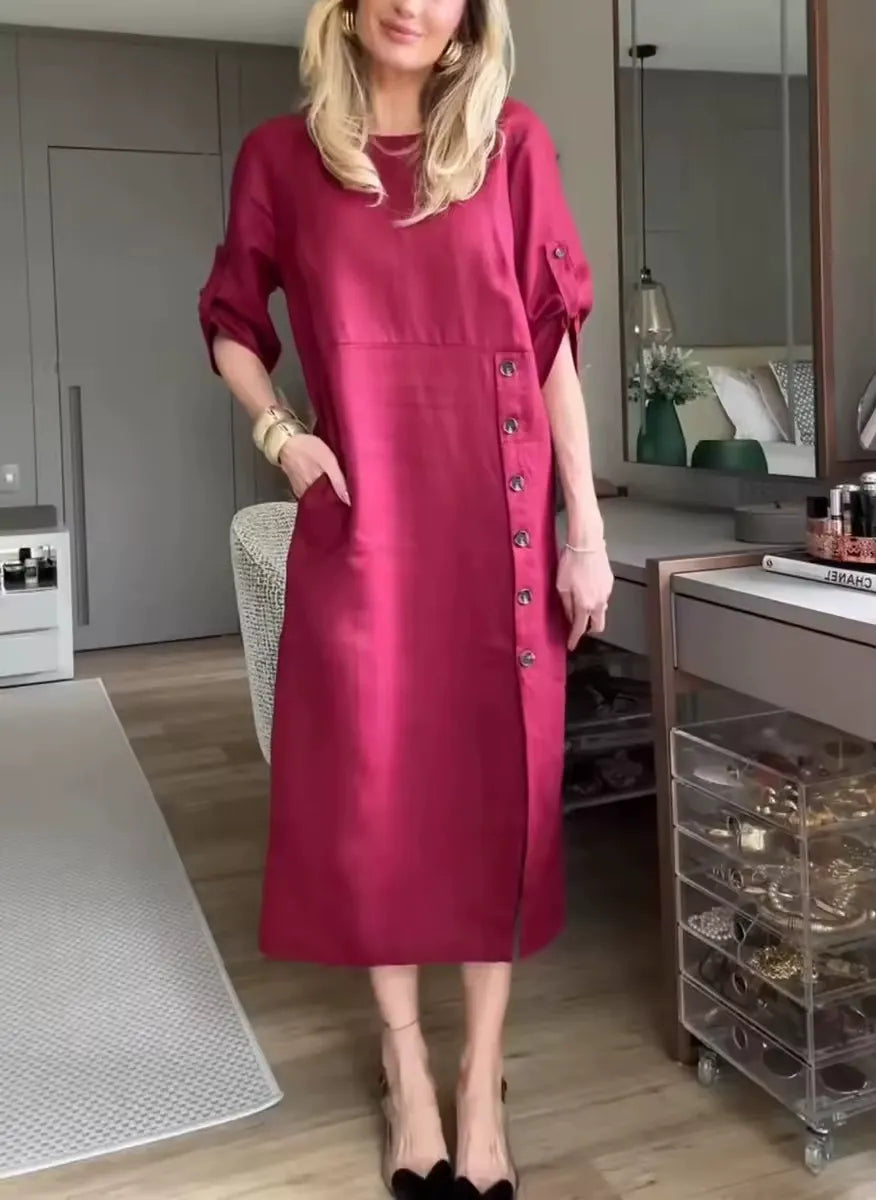 Robe midi femme – Coupe décontractée – Lin et coton – Manches courtes à liens – Boutons côtés