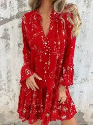 Robe femme – Coupe évasée – Manches cloche en dentelle – Ourlet à volants – Détails métalliques