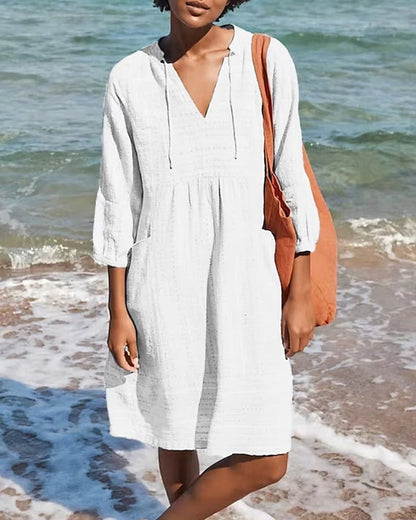 Robe de villégiature femme – Coupe décontractée – Tissu respirant – Manches 3/4 – Col en V
