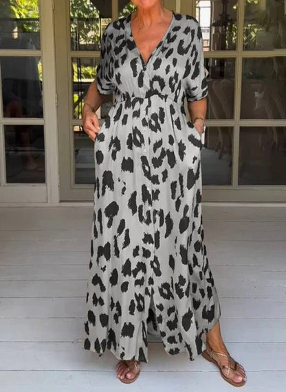 Robe midi femme – Coupe décontractée – Tissu respirant – Col V – Manches courtes nouées – Boutonnage devant – Motif fleuri