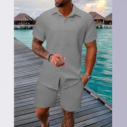Ensemble homme chemise et short – coupe décontractée – texture jacquard – col classique