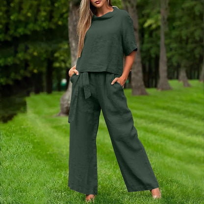 Ensemble Deux Pièces Femme – Coton – Haut Manches Courtes – Pantalon Large Ceinturé