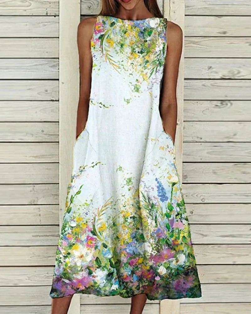Robe midi femme – Coupe ample A-line – Sans manches – Tissu léger – Motif floral