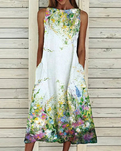 Robe midi femme – Coupe ample A-line – Sans manches – Tissu léger – Motif floral