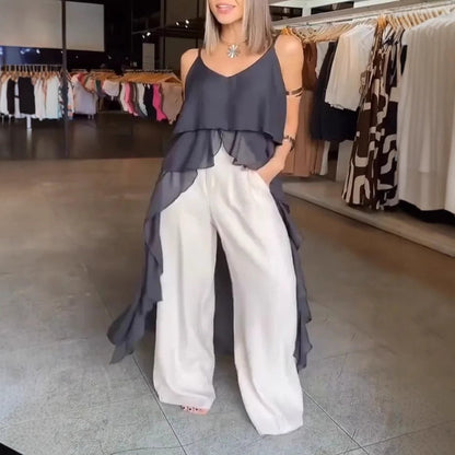 Robe femme – Coupe fluide – Décolleté en V – Bretelles fines – Ourlet asymétrique – Volants superposés