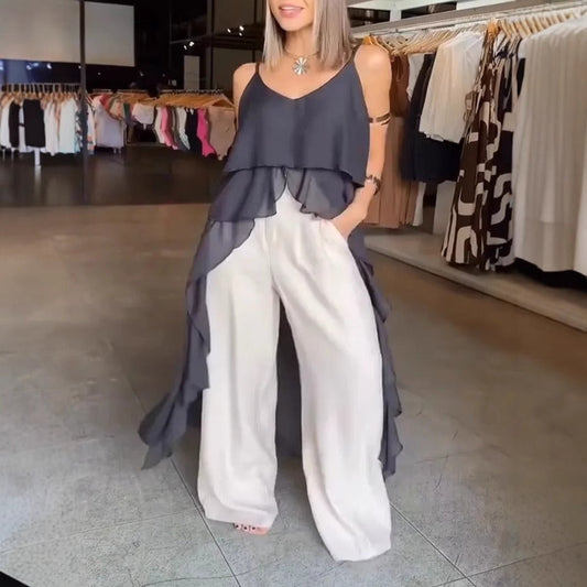 Robe femme – Coupe fluide – Décolleté en V – Bretelles fines – Ourlet asymétrique – Volants superposés