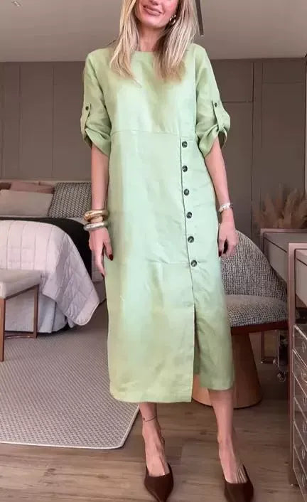 Robe midi femme – Coupe décontractée – Lin et coton – Manches courtes à liens – Boutons côtés