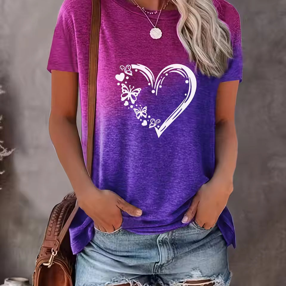 T-shirt femme – Coupe oversize – Coton doux – Motifs cœur et papillons – Col rond