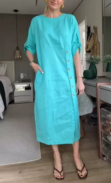 Robe midi femme – Coupe décontractée – Lin et coton – Manches courtes à liens – Boutons côtés