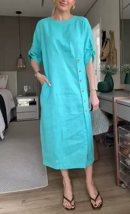 Robe midi femme – Coupe décontractée – Lin et coton – Manches courtes à liens – Boutons côtés