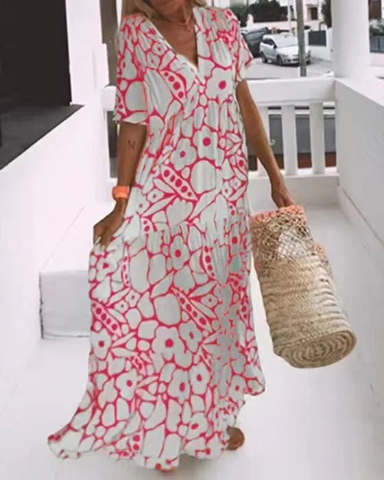 Robe longue femme – Coupe évasée – Décolleté en V – Manches courtes – Tissu respirant – Imprimé floral