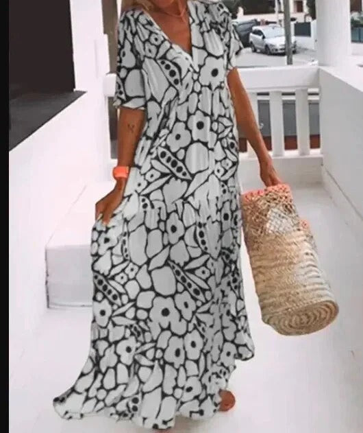 Robe longue femme – Coupe évasée – Décolleté en V – Manches courtes – Tissu respirant – Imprimé floral