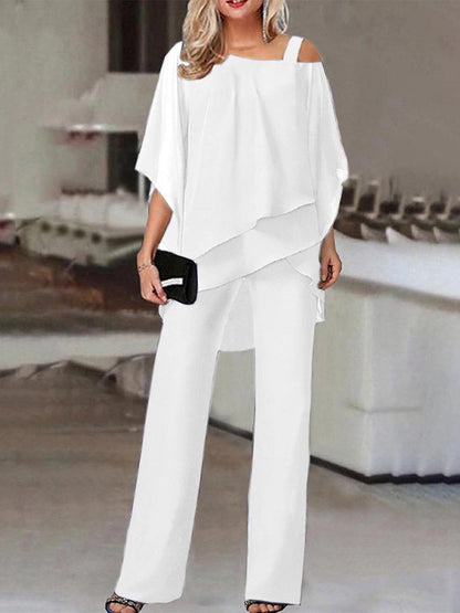 Ensemble deux pièces pour femmes – Haut Épaules Dénudées Fluide – Pantalon Long Coupe Droite