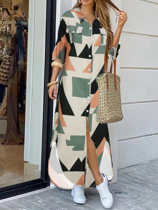 Robe longue femme – Coupe décontractée – Tissu doux coton – Imprimé géométrique – Boutonnée