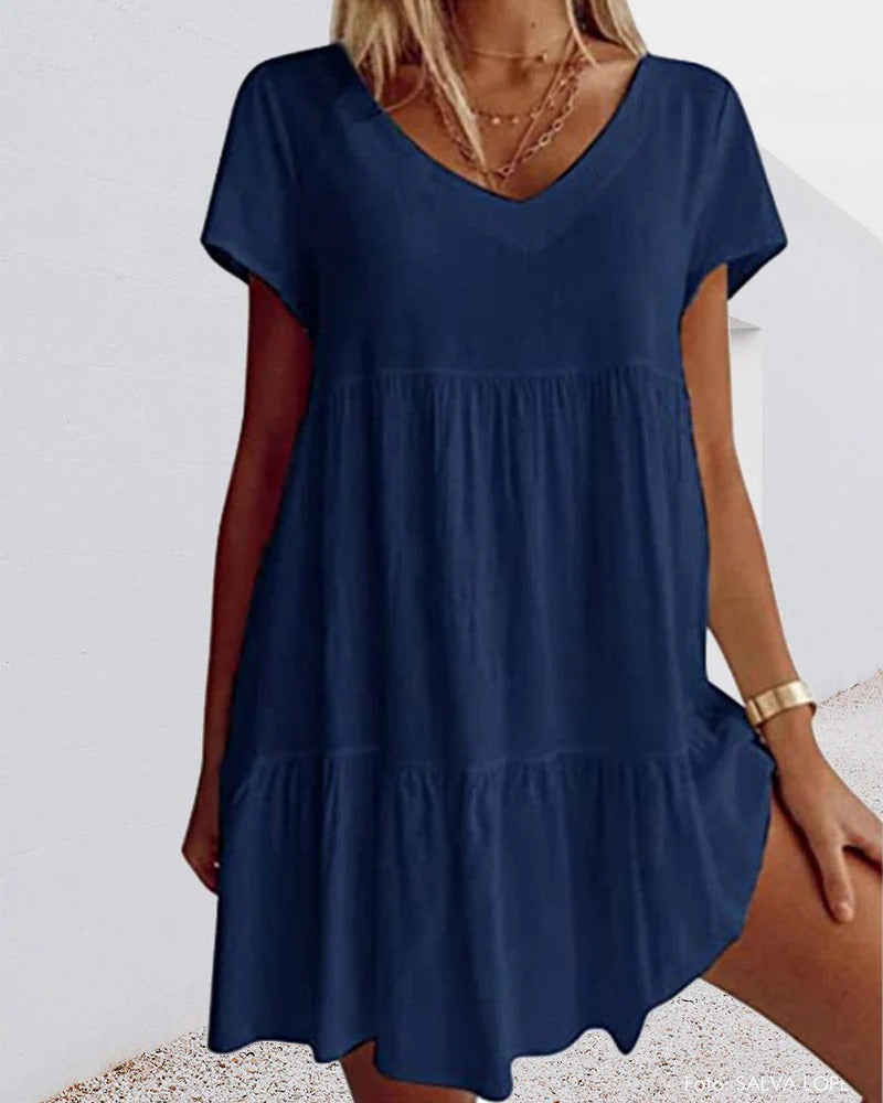 Robe Femme Évasée – Tissu Respirant – Coupe Ample – Col V – Détails Volants