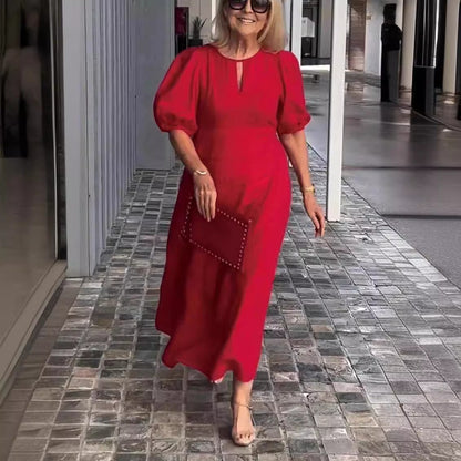 Robe midi femme – Coton – Coupe ample – Manches bouffantes – Encolure fendue